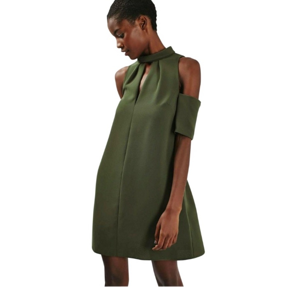 TOPSHOP Olive Green Cold Shoulder Choker Neckline Dress